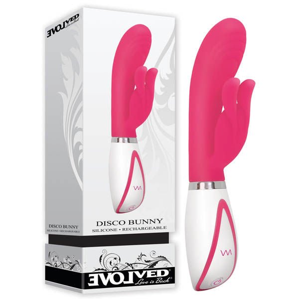 Evolved - disco bunny rabbit vibrator - Product front view and box front view | Flirtybay.com.au