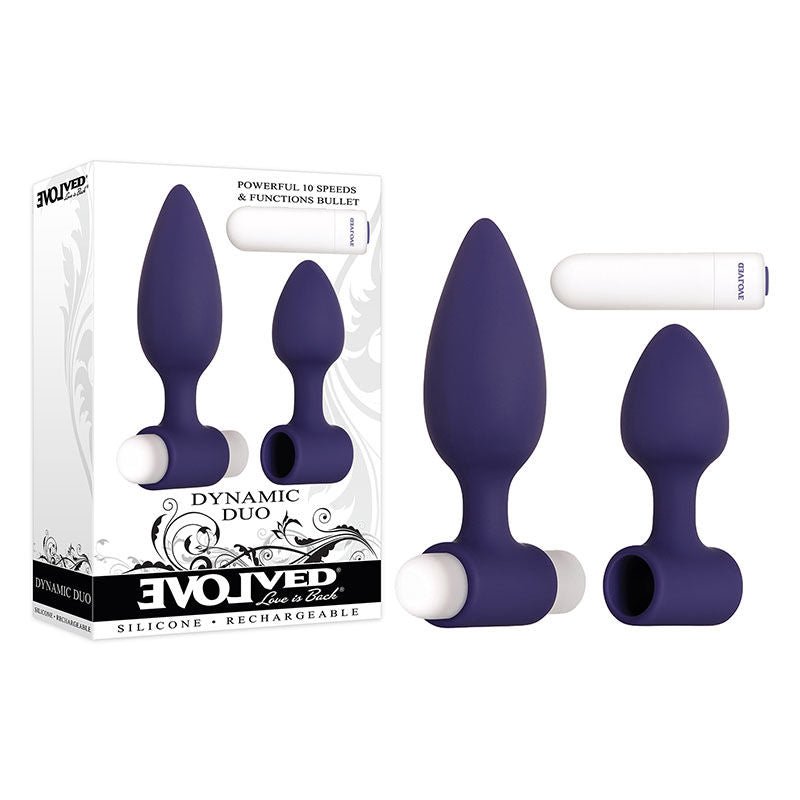 Evolved - dynamic duo - vibrating butt plugs - Product front view and box front view | Flirtybay.com.au