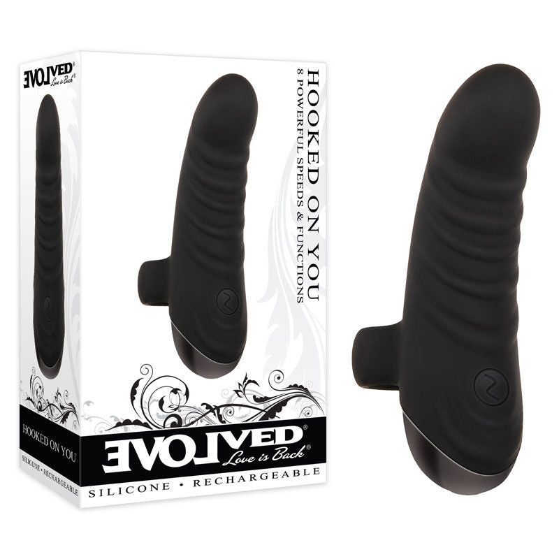 Evolved - hooked on you - finger vibrator - Product front view and box front view | Flirtybay.com.au