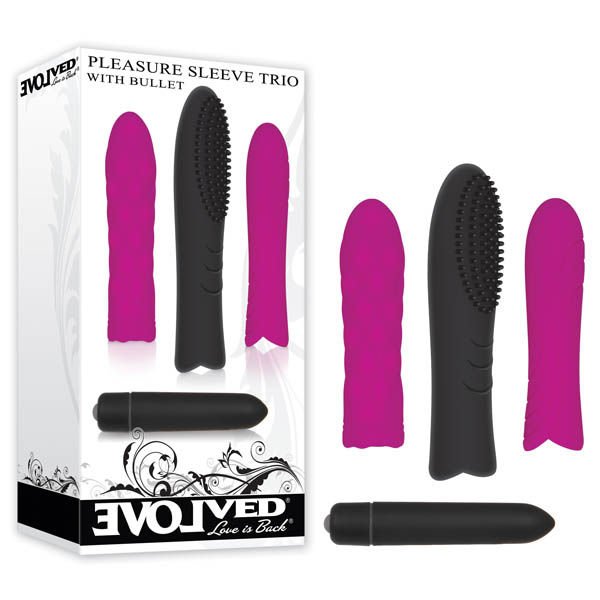 Evolved - pleasure sleeve trio with bullet vibrator - Product front view and box front view | Flirtybay.com.au