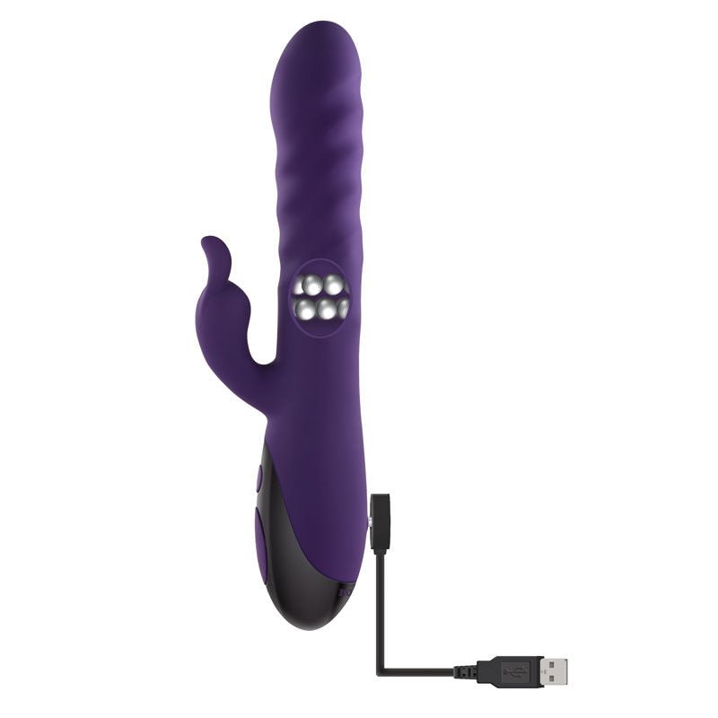 Evolved - rascally rabbit vibrator - Product side view, focus on charger  | Flirtybay.com.au
