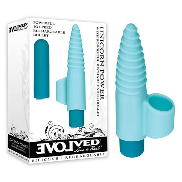 Evolved - unicorn power - finger vibrator - Product front view and box front view | Flirtybay.com.au
