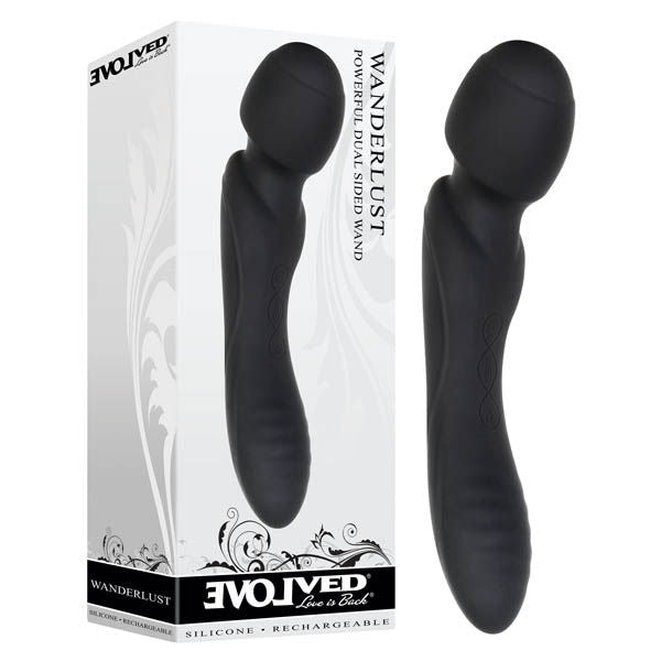 Evolved - wanderlust - vibrating wand - Product front view and box front view | Flirtybay.com.au