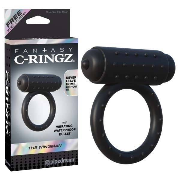 Fantasy c-ringz - the wingman vibrating cock ring - Product front view and box side view | Flirtybay.com.au