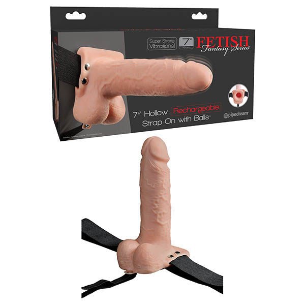 Fetish fantasy series - 7 hollow rechargeable strap-on with balls - Product front view and box front view | Flirtybay.com.au