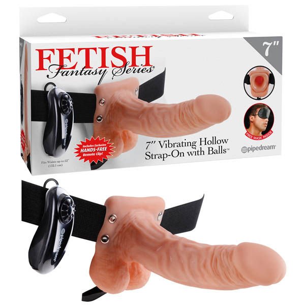 Fetish fantasy series - 7 vibrating hollow strap-on with balls - Product front view and box front view | Flirtybay.com.au