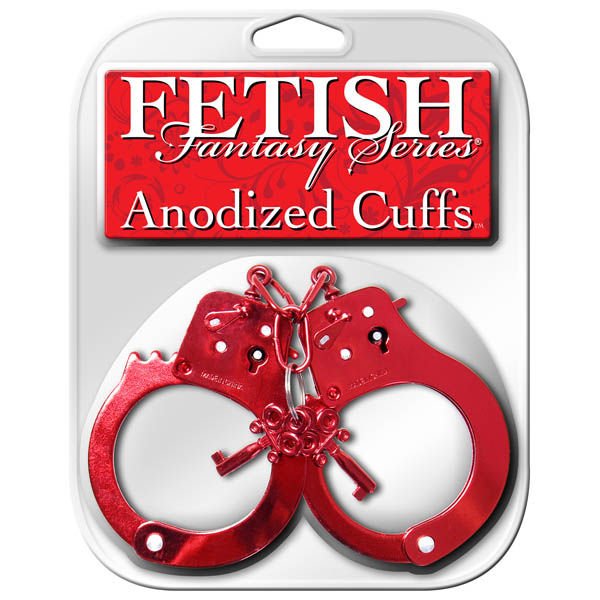 Fetish fantasy series - anodized handcuffs - Product front view and box front view | Flirtybay.com.au