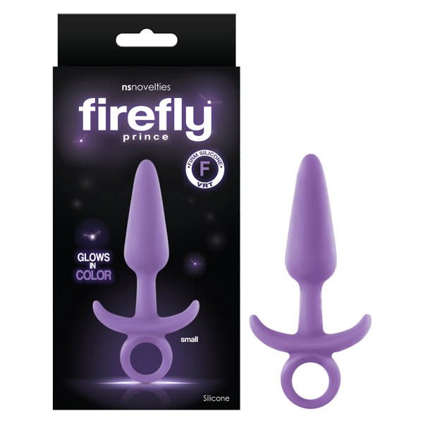 Firefly prince butt plug, purple, front view and box view | Flirtybay.com.au