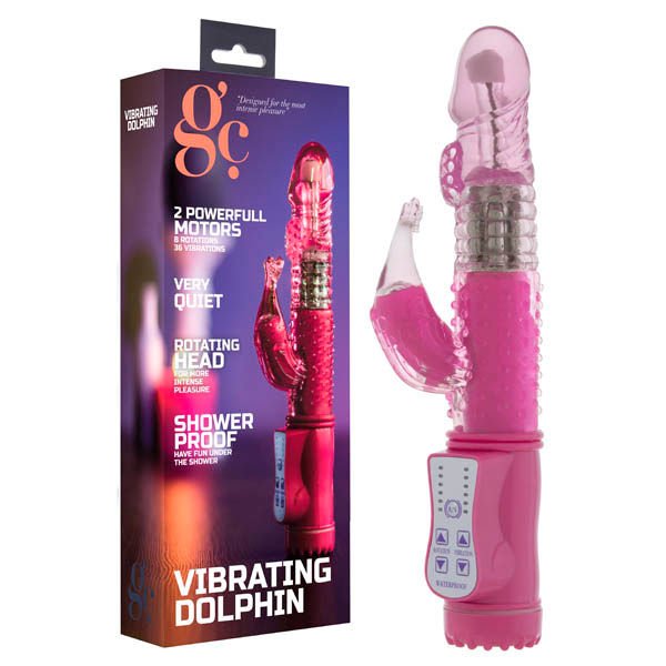 GC - Dolphin Rabbit Vibrator, pink, front view and box | Flirtybay.com.au
