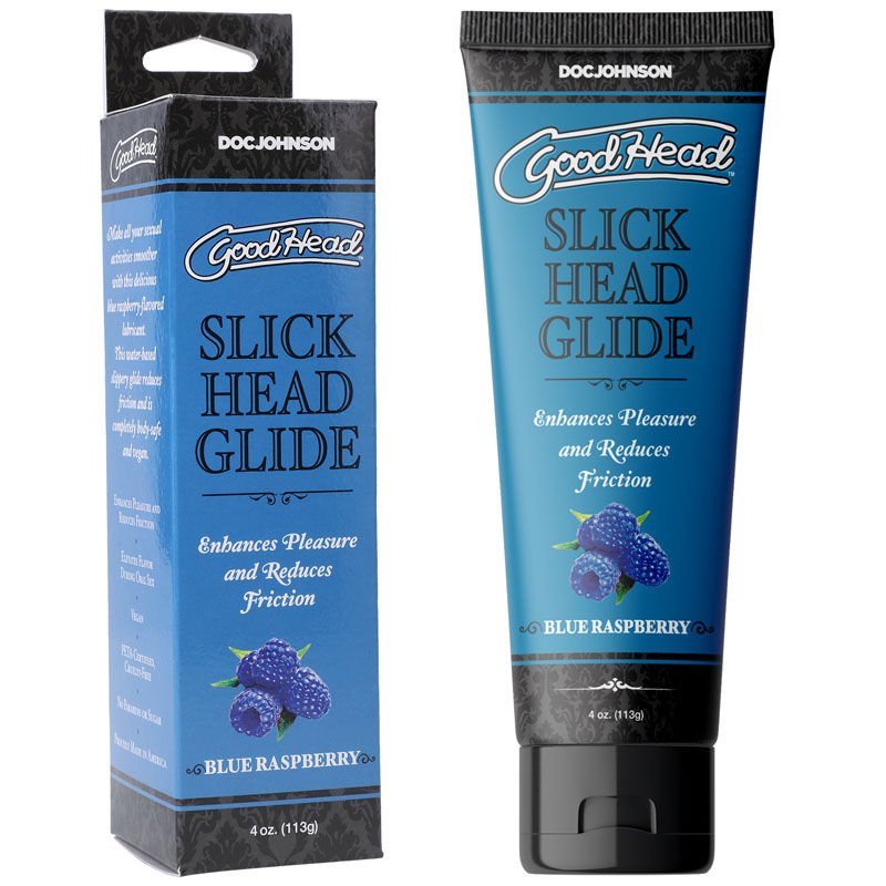 Goodhead - slick head glide - water-based lubricant, blue raspberry - Product front view and box front view | Flirtybay.com.au