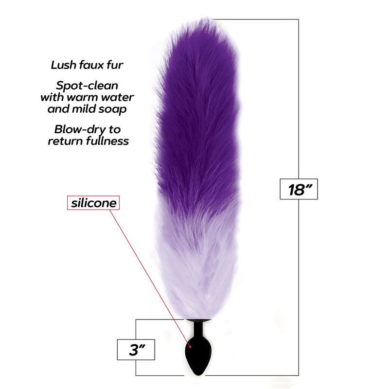 Foxy Fox Tail Silicone Butt Plug Purple And White Front View, details | Flirtybay.com.au