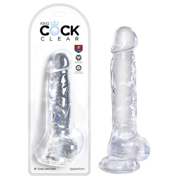 King cock  8'' clear dildo with balls - Product front view and box front view | Flirtybay.com.au