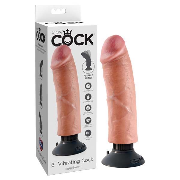 King cock - 8'' vibrating dildo - Product front view and box side view | Flirtybay.com.au