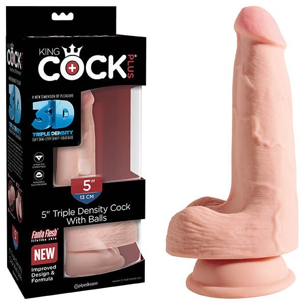 King cock - plus 5'' triple density dildo with balls - Product front view and box front view | Flirtybay.com.au
