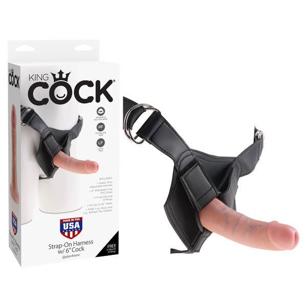 King cock - strap-on harness with 6'' dildo - Product front view and box side view | Flirtybay.com.au