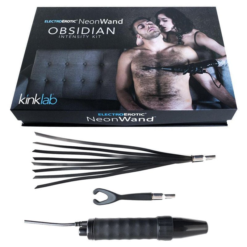 Kinklab obsidian neon wand intensity kit - Product front view and box front view | Flirtybay.com.au