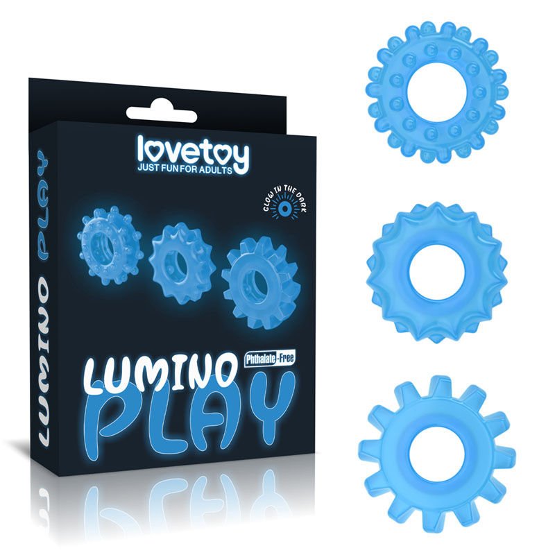 Lovetoy - lumino play cock rings 3 pack - Product front view and box front view | Flirtybay.com.au