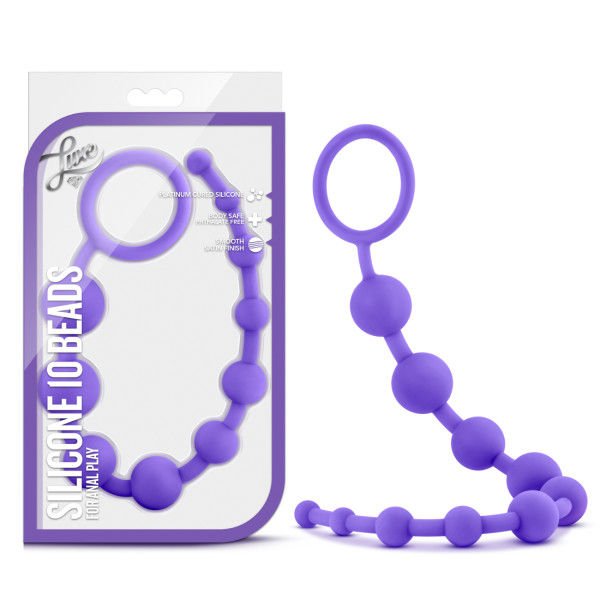 Luxe - Silicone 10 Anal Beads, purple, front view with box | Flirtybay.com.au