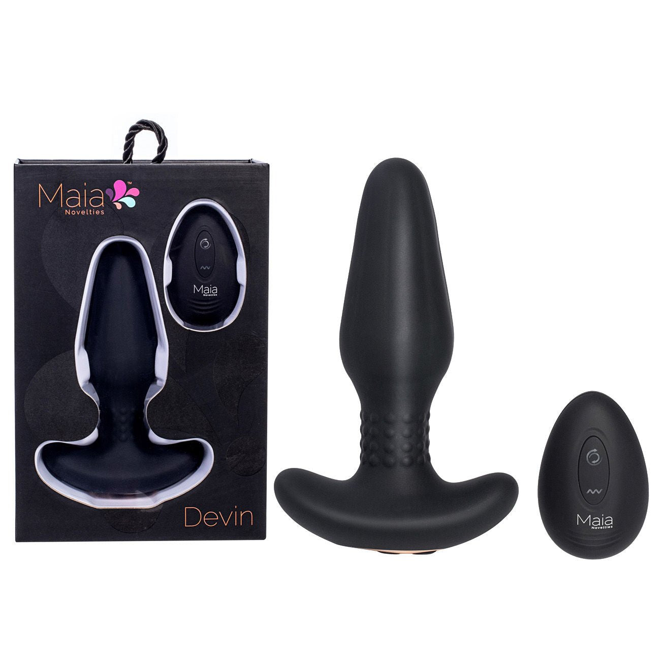 Maia - devin - remote control vibrating butt plug - Product front view and box front view | Flirtybay.com.au
