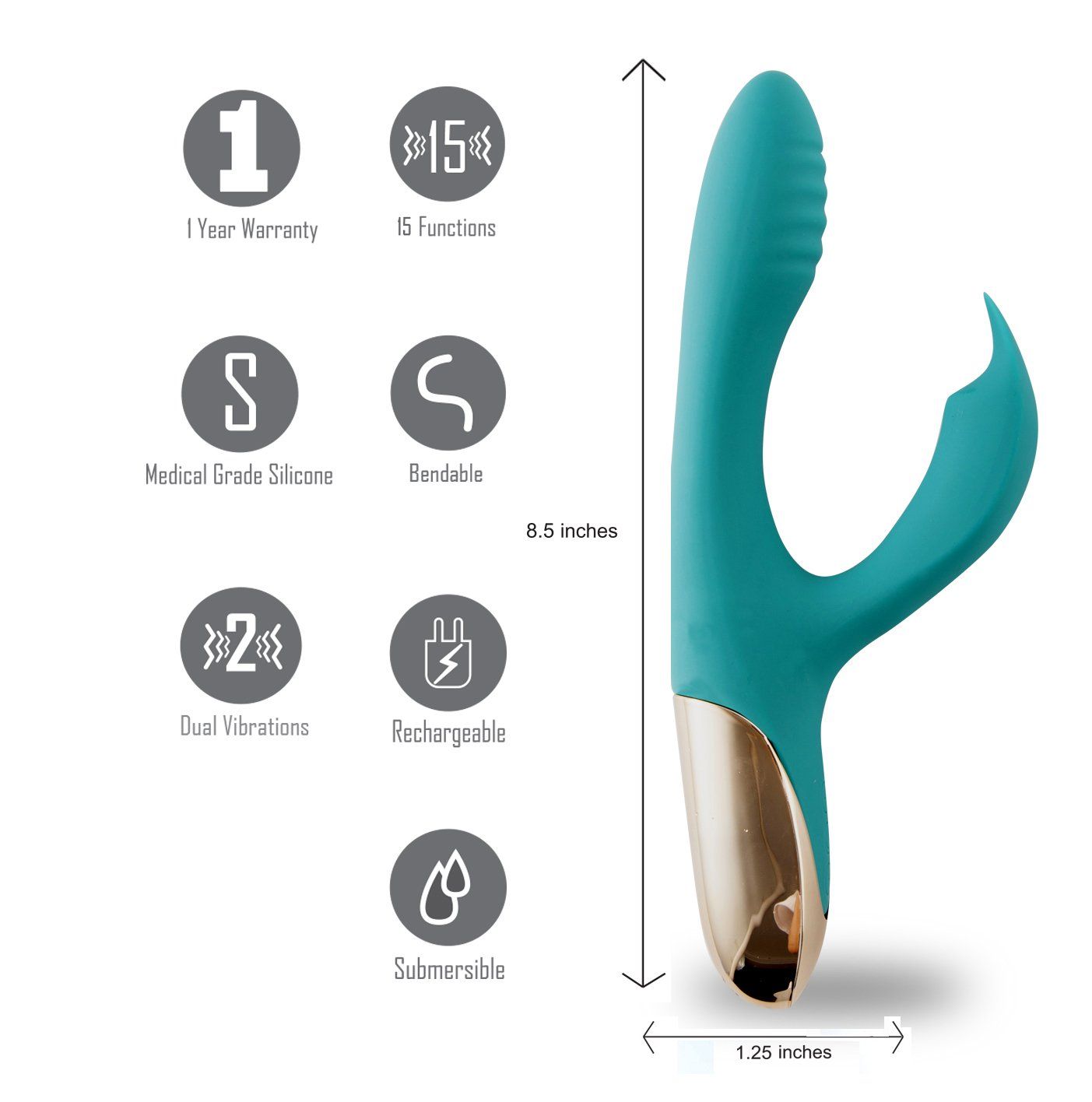 Maia - skyler rabbit vibrator - Teal, Product front view, with specifications  | Flirtybay.com.au
