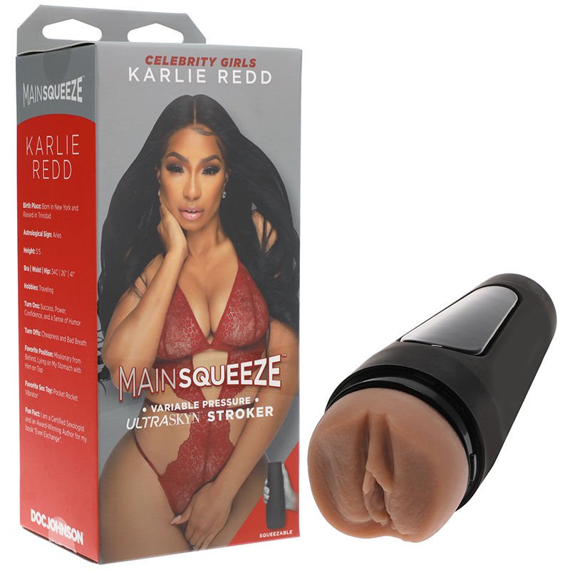 Main squeeze - karlie redd - realistic vagina - masturbator - Product front view and box side view | Flirtybay.com.au