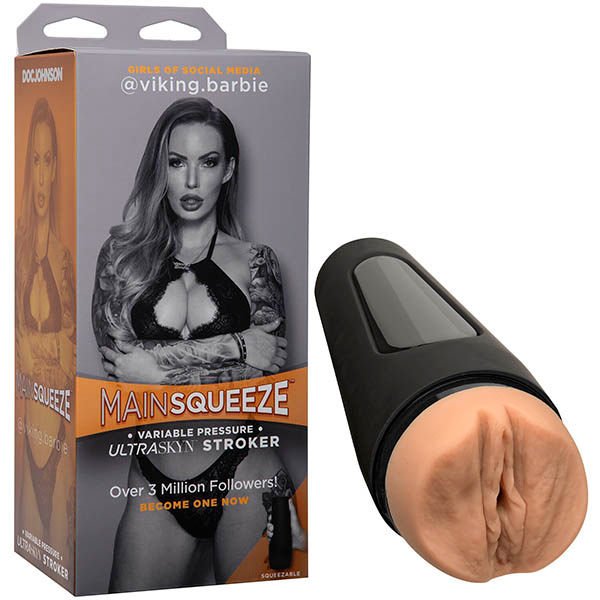 Main squeeze - viking.barbie - realistic vagina - Product side view and box front view | Flirtybay.com.au