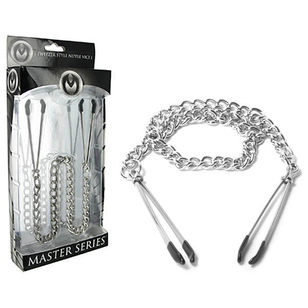 Master series reign tweezer - nipple clamps - Product top view and box side view | Flirtybay.com.au