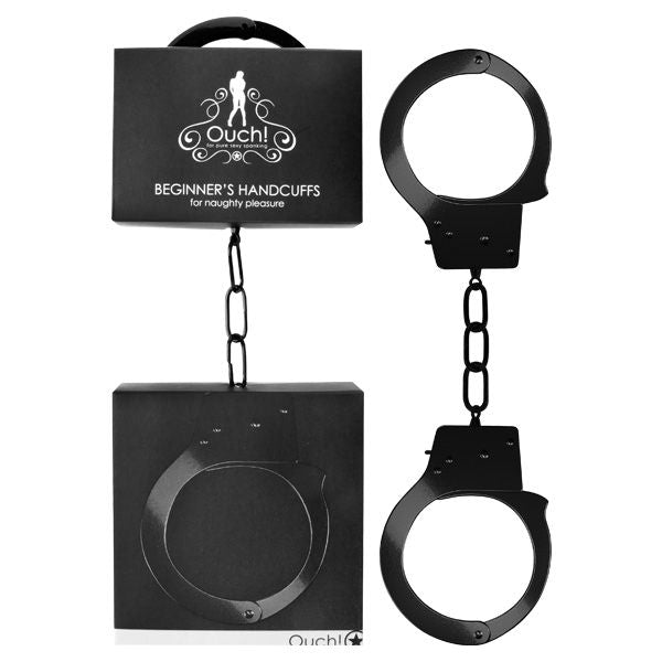 Ouch - beginner's handcuffs - black, Product front view and box front view | Flirtybay.com.au