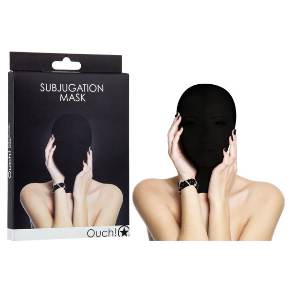 Ouch subjugation mask - bondage hood - Product front view and box front view | Flirtybay.com.au