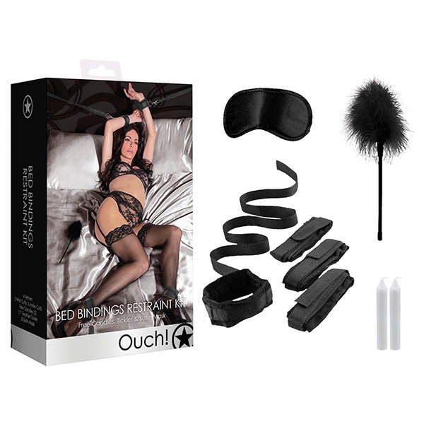 Ouch! bed bindings restraint bondage kit - Product front view and box front view | Flirtybay.com.au