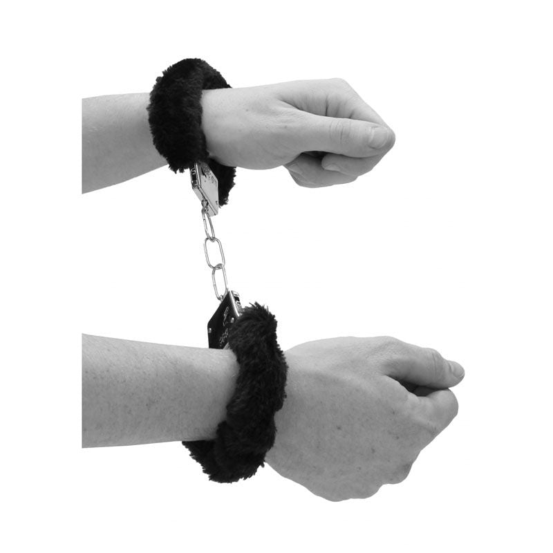 Ouch!  & white beginner's furry hand cuffs - Product side view  | Flirtybay.com.au