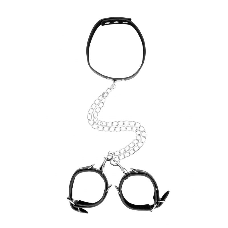 Ouch!  & white bonded leather collar with hand cuffs - Product top view  | Flirtybay.com.au