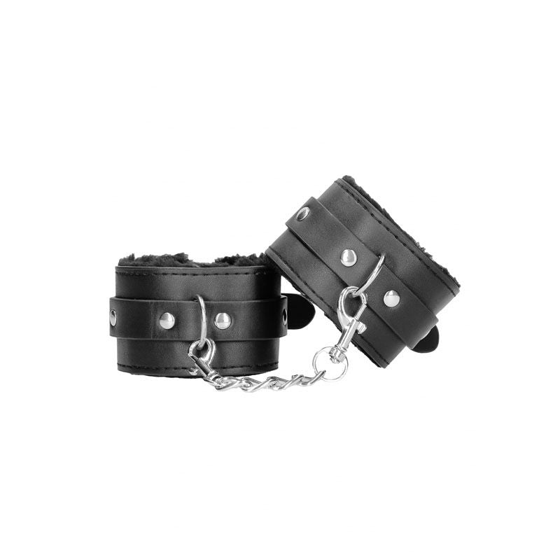 Ouch!  & white plush bonded leather hand cuffs - Product front view  | Flirtybay.com.au