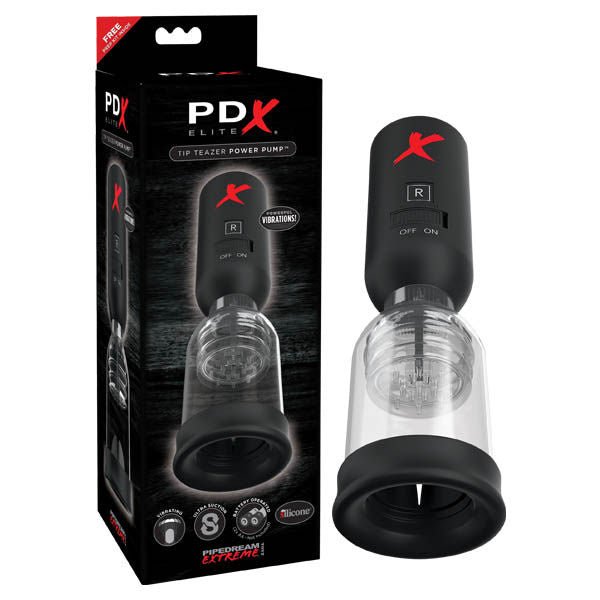 Pdx elite - tip teazer power pump - male masturbator - Product front view and box side view | Flirtybay.com.au