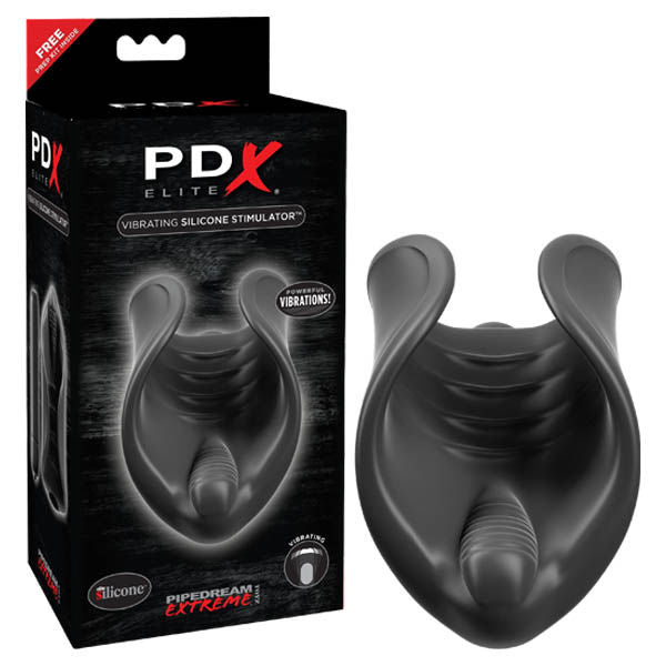 Pdx elite - vibrating silicone male stimulator - Product front view and box side view | Flirtybay.com.au