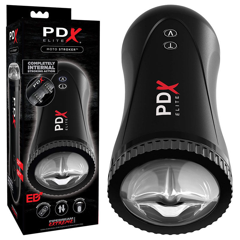 Pdx - extreme toyz elite moto stroker - male masturbator - Product front view and box side view | Flirtybay
