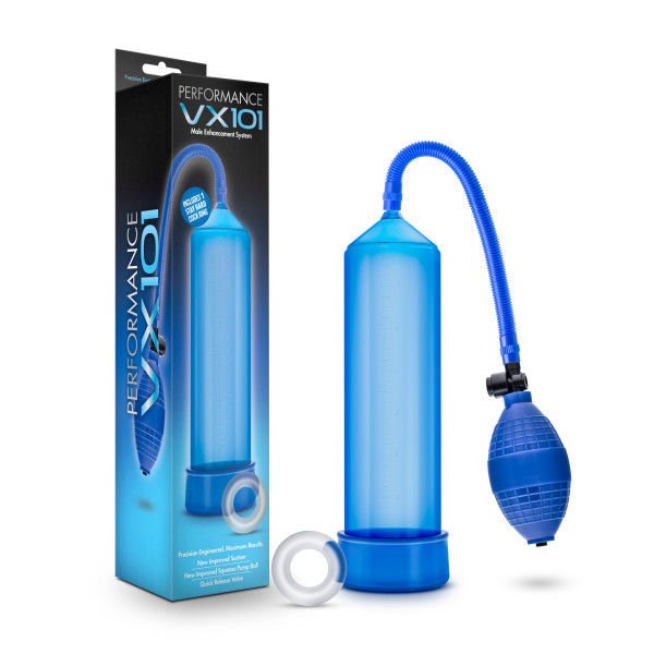 Performance vx101 - male penis pump - blue, Product front view and box front view | Flirtybay.com.au