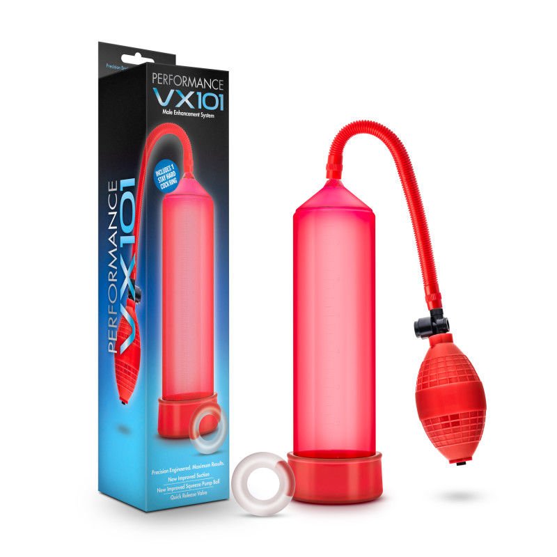 Performance vx101 - male penis pump - red, Product front view and box front view | Flirtybay.com.au