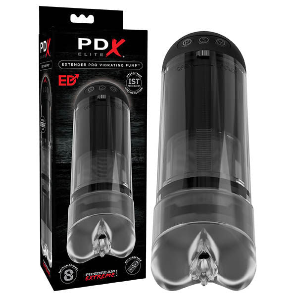 Pipedream elite - extender pro vibrating penis pump - Product front view and box front view | Flirtybay.com.au