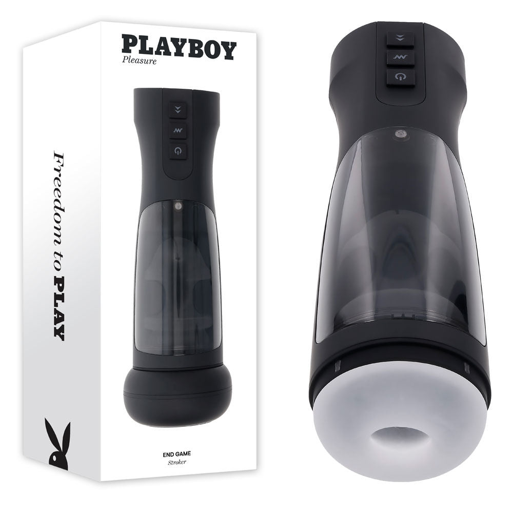 Playboy - pleasure end game - vibrating stroker - Product front view and box side view | Flirtybay