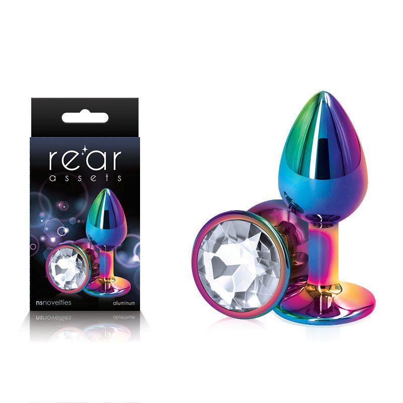 Rear assets - multi - crystal butt plug - M- Product front view and box front view | Flirtybay.com.au