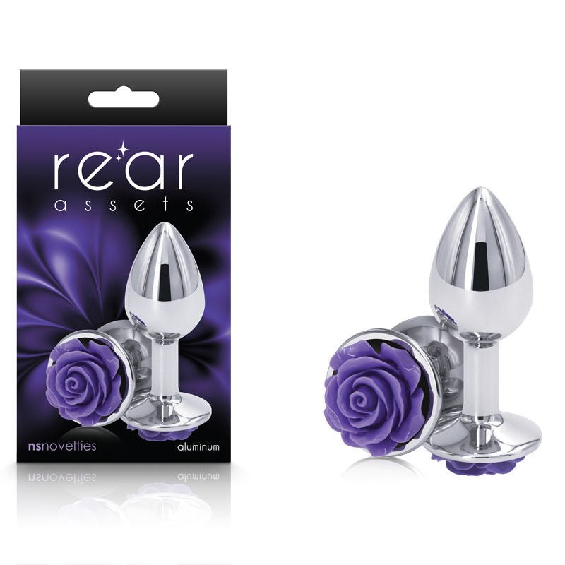 Rear assets rose - purple butt plug - S, Product front view and box front view | Flirtybay.com.au