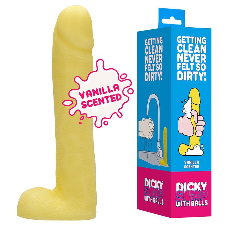 S-line dicky soap with balls - yellow, Product front view and box front view | Flirtybay.com.au
