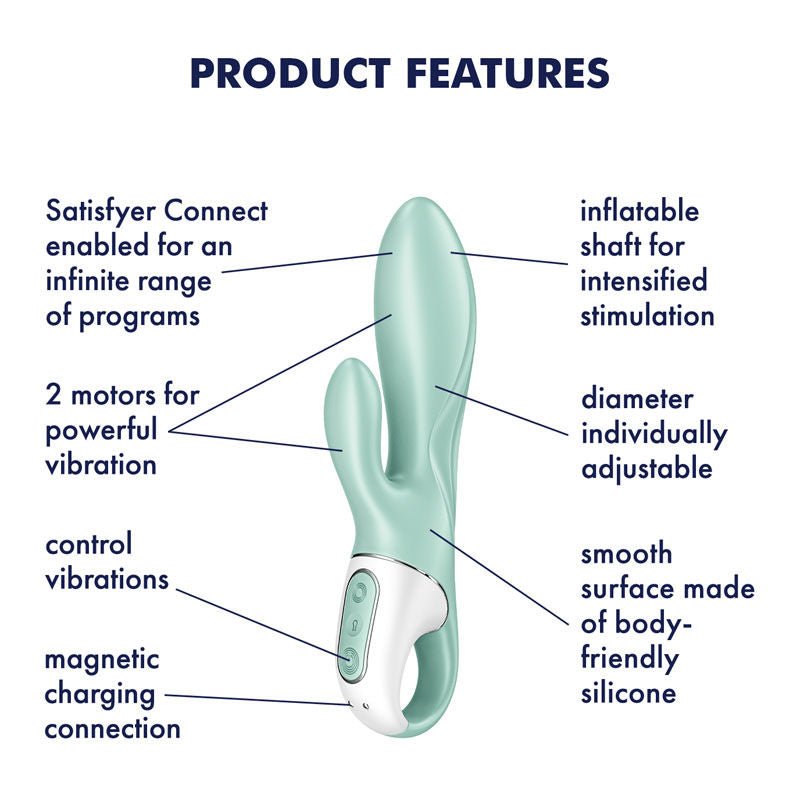 Satisfyer - air pump bunny 5 - inflatable rabbit vibrator - Product front view, with specifications  | Flirtybay.com.au