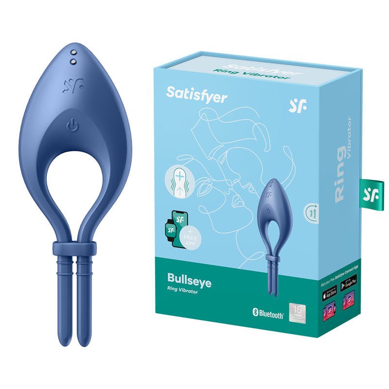 Satisfyer bullseye - cock ring - Blue, Product front view and box side view | Flirtybay.com.au