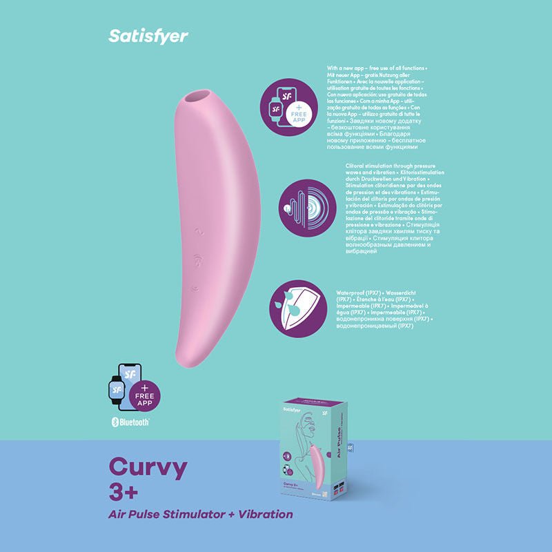 Satisfyer - curvy 3 app controlled clitoral suction stimulator - Pink, Product side view, with specifications  | Flirtybay.com.au