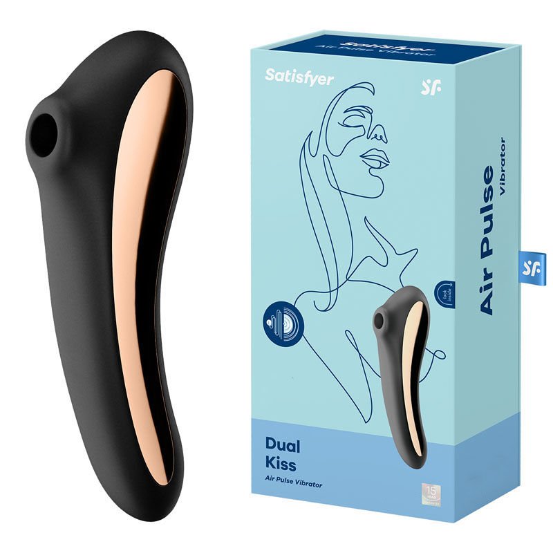 Satisfyer - dual kiss - clitoral suction stimulator - Black, Product side view and box side view | Flirtybay.com.au