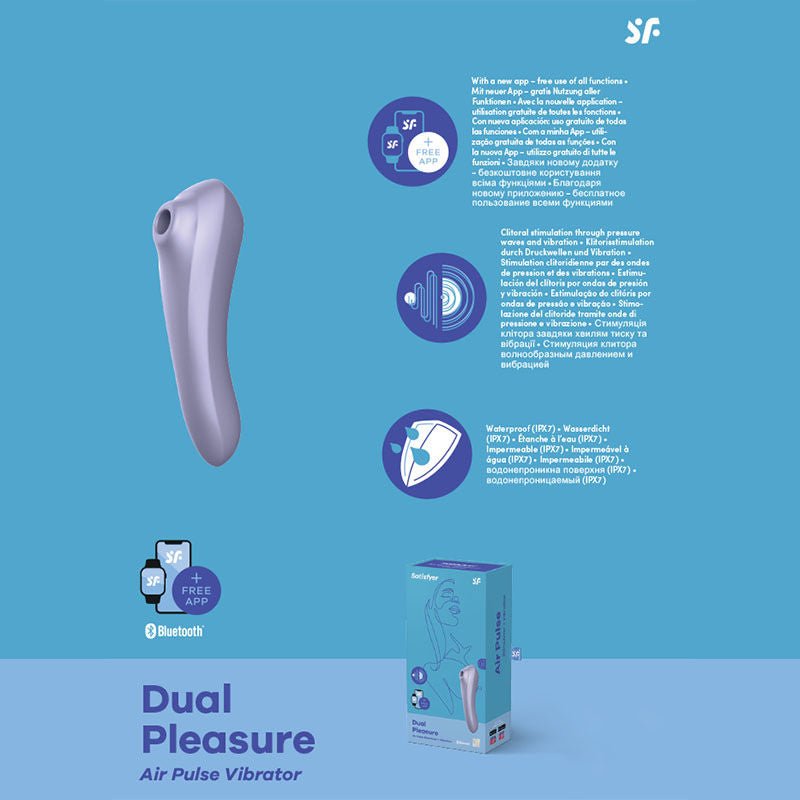Satisfyer - dual pleasure - clitoral suction stimulator - lilac, Product side view, with specifications  | Flirtybay.com.au
