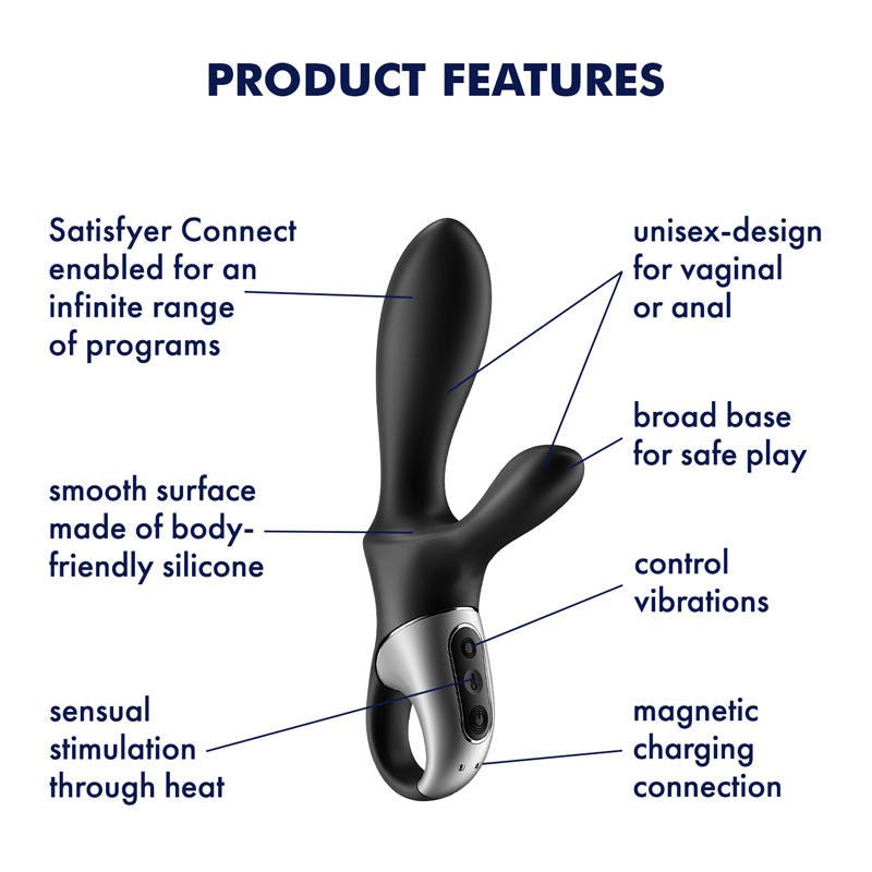 Satisfyer - heat climax + app controlled rabbit vibrator - Product side view, with specifications  | Flirtybay.com.au