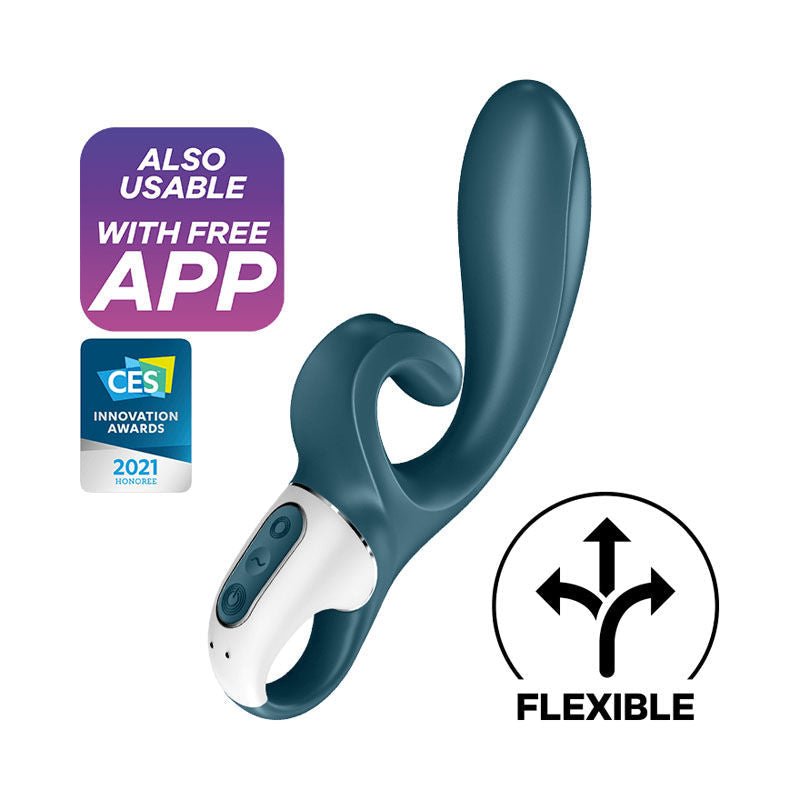 Satisfyer - hug me - controlled rabbit vibrator - Blue, Product side view, with app  | Flirtybay.com.au